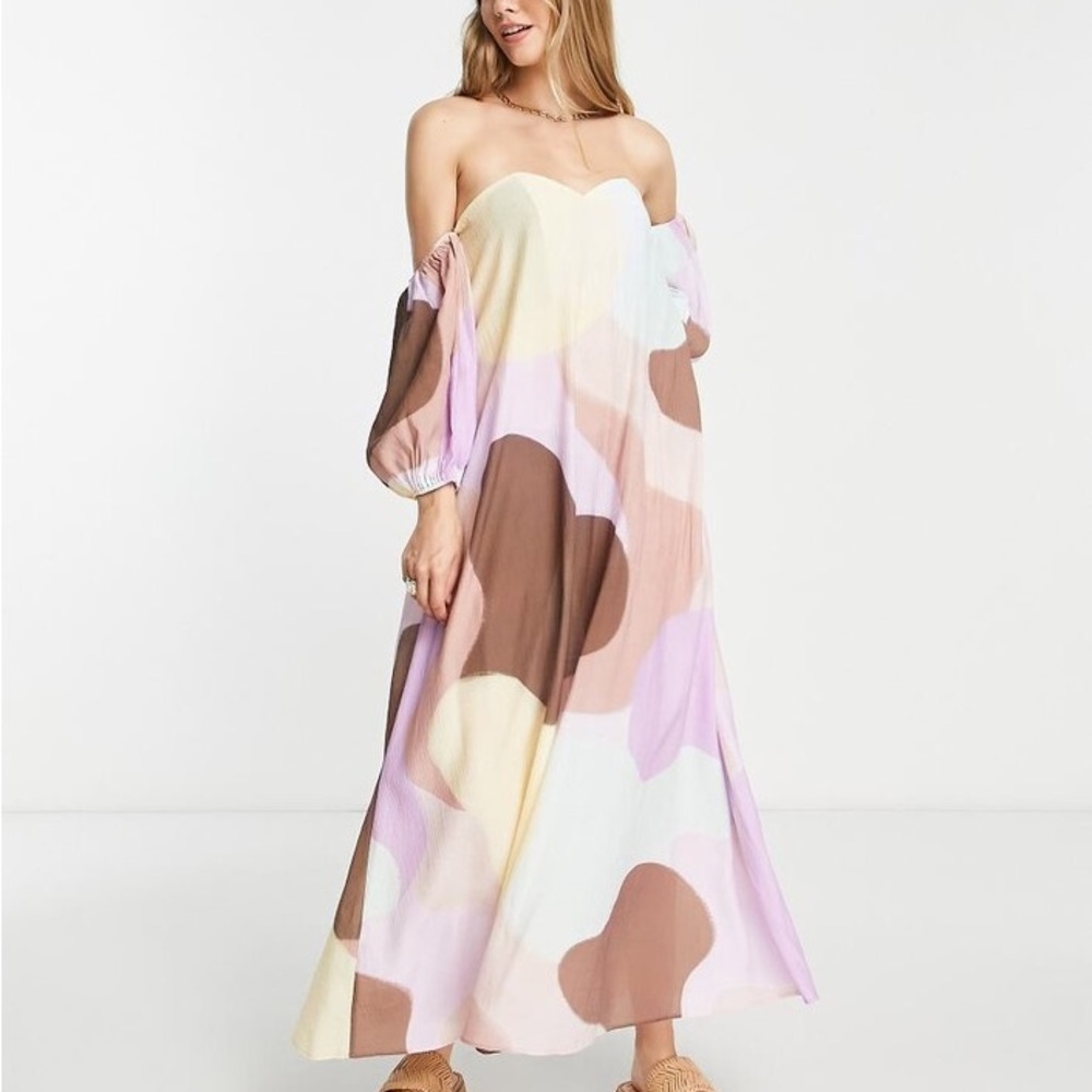 ASOS Crinkle Pastels Off-Shoulder Maxi Dress with Princess Sleeves